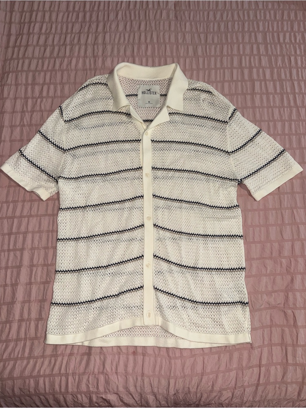 Hollister White Short-Sleeve Knit Polo with Black Stripes